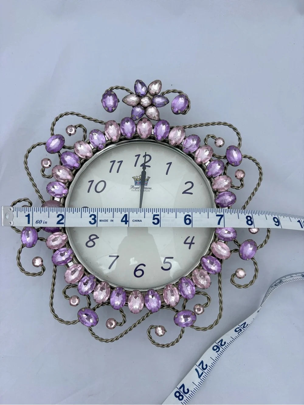 Royal Princess Clock Company Decorative Wall Clock with Purple Gems WORKS!